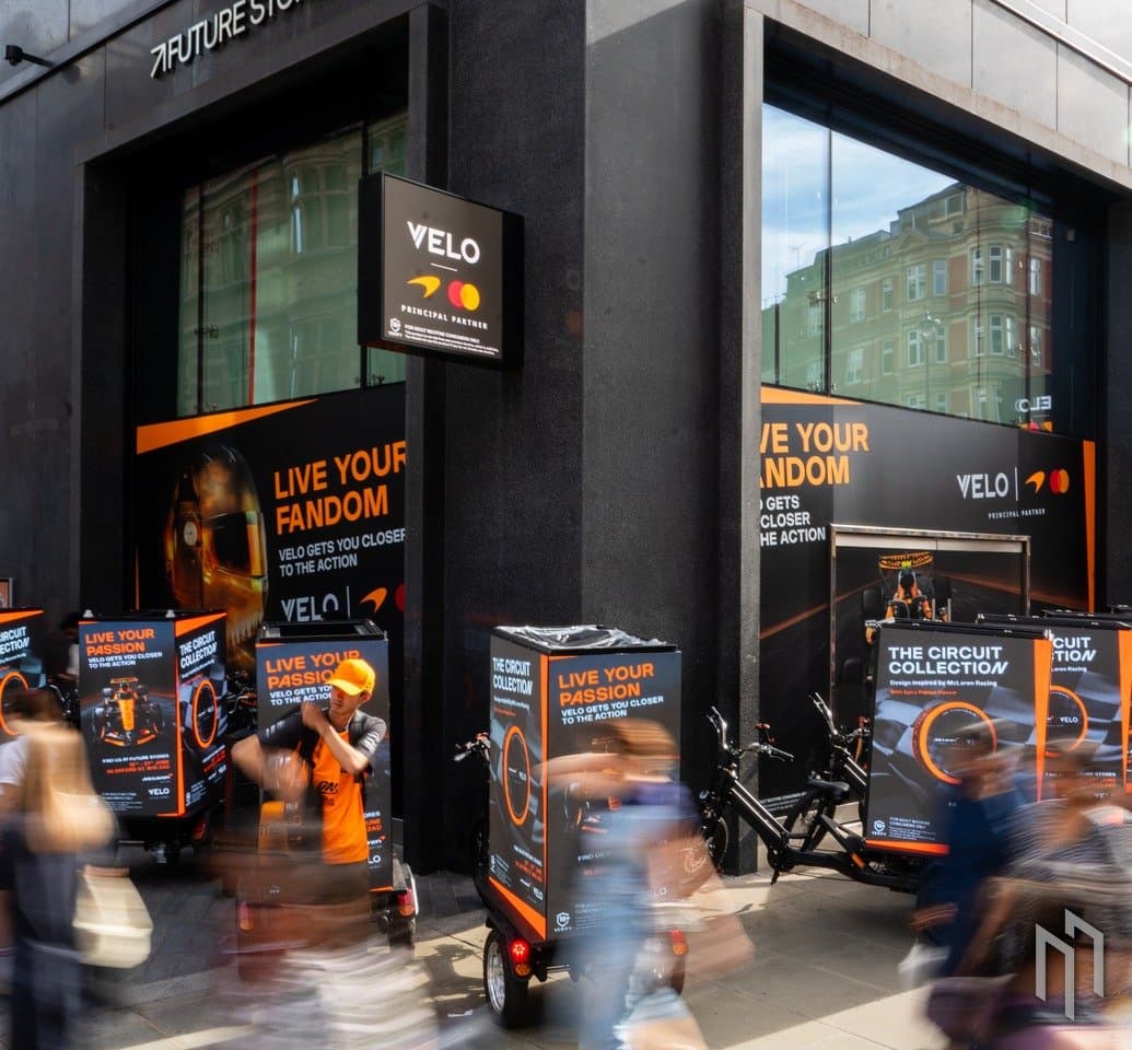 Velo x McLaren AdBikes outside the Future Stores pop-up