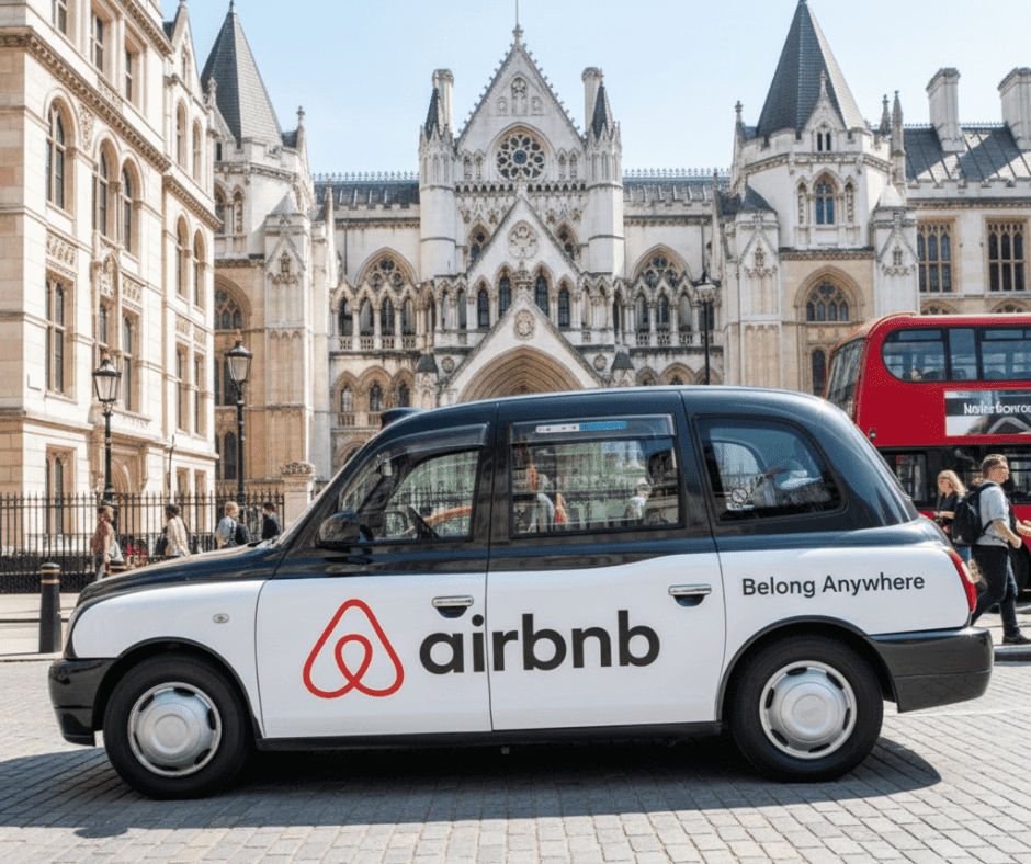 London black cab carrying a superside advertising panel outside the Royal Courts of Justice