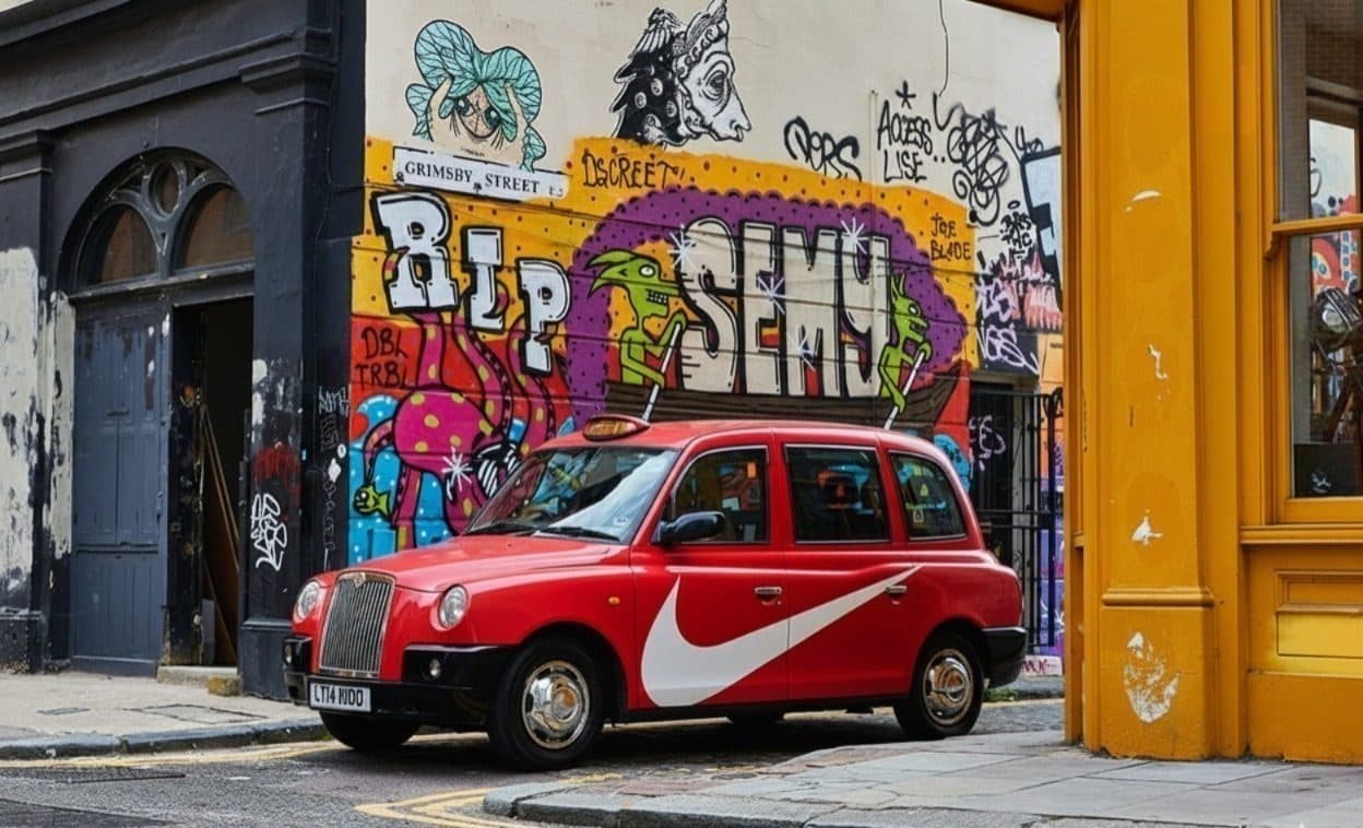 Fully branded red London taxi parked beside a graffiti wall in Shoreditch
