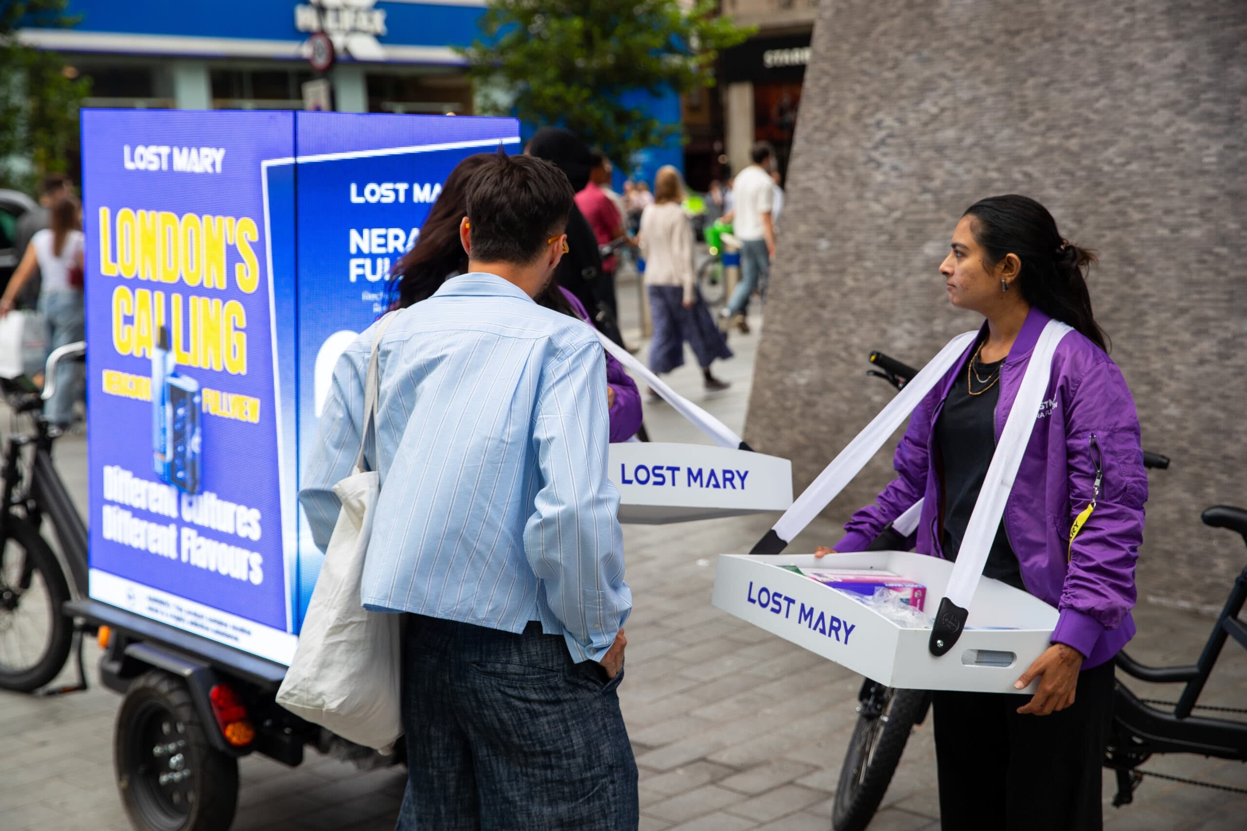 Digital mobile billboard AdBikes running a Lost Mary campaign on London streets