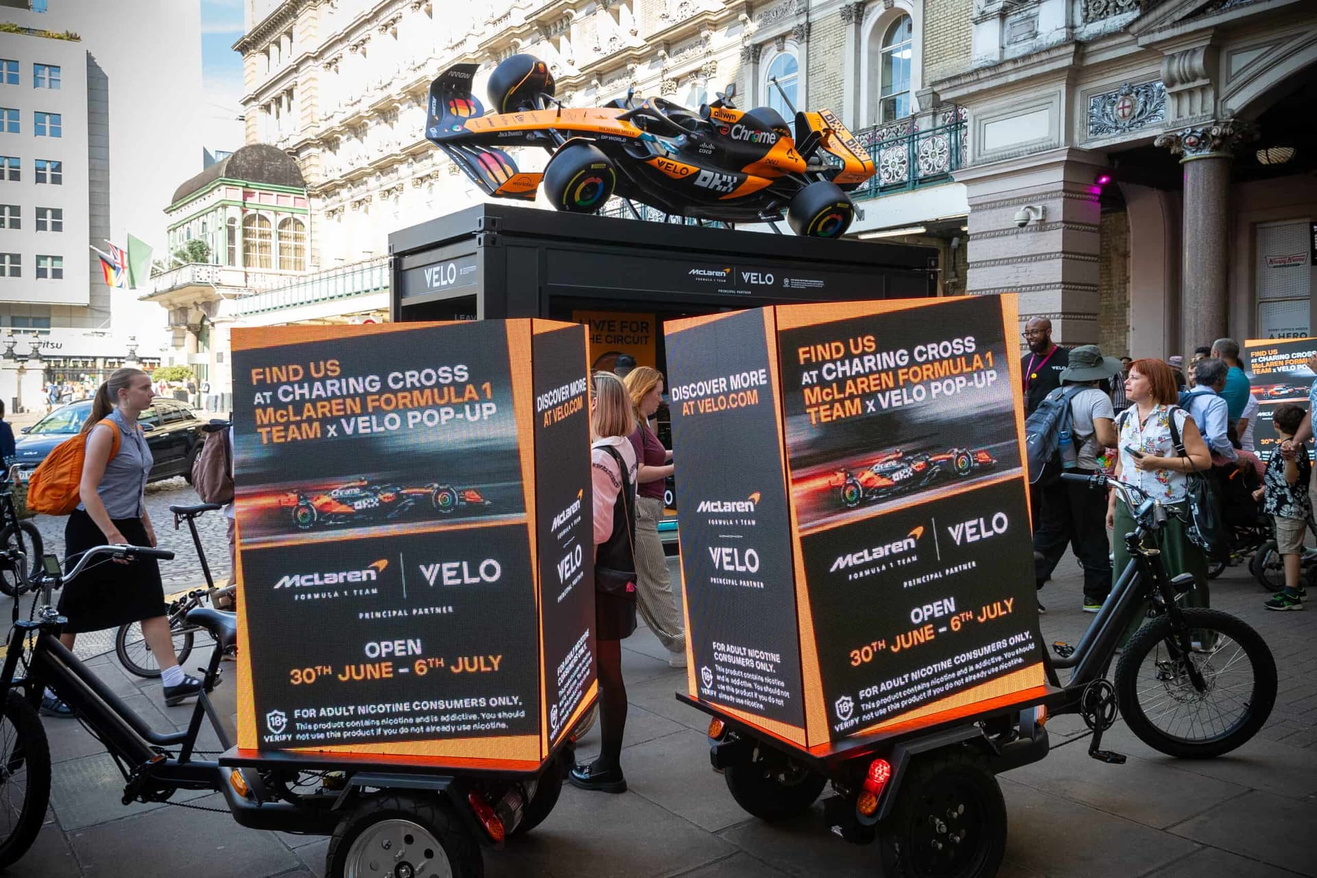 Velo and McLaren F1 Digital AdBikes at Charing Cross in London