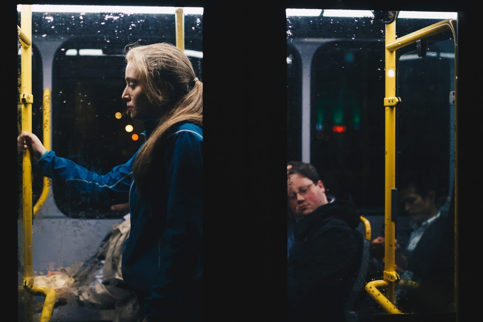 Passengers riding a city bus at night, the captive audience for bus advertising