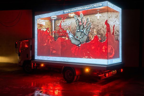 3D AdVan showcasing seamless LED screens for mobile van advertising campaigns
